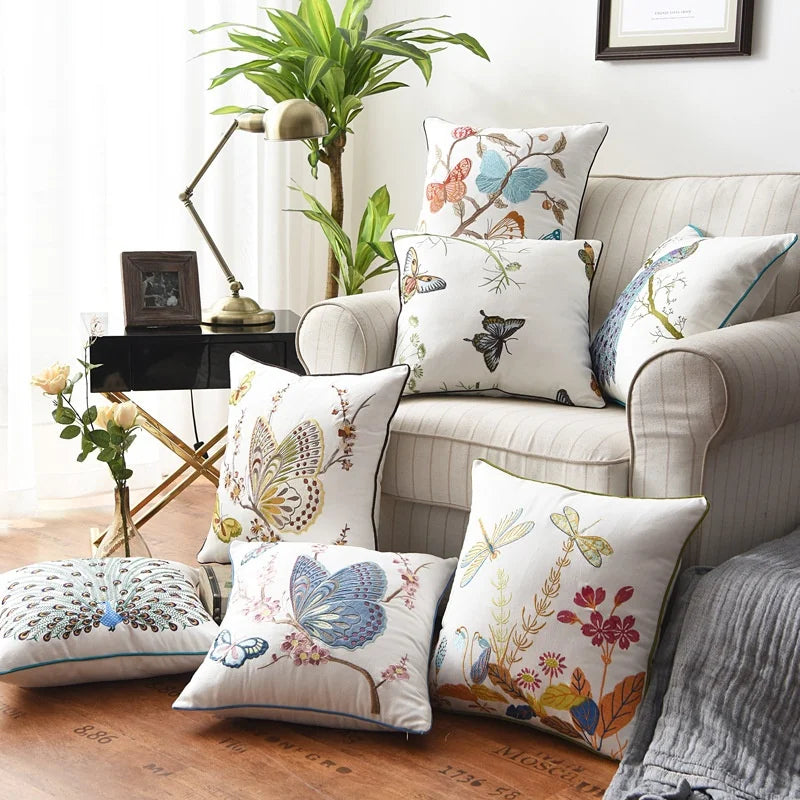 New Year Christmas Collection In-Stock 3D Embroidered Chinese Style Pastoral Flower Bird Butterfly Square Cushion Cover for Home