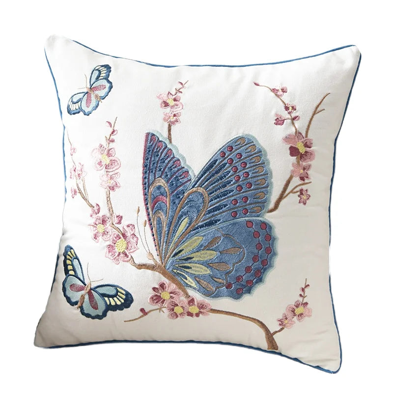 New Year Christmas Collection In-Stock 3D Embroidered Chinese Style Pastoral Flower Bird Butterfly Square Cushion Cover for Home