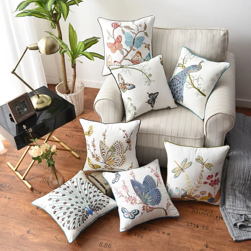 New Year Christmas Collection In-Stock 3D Embroidered Chinese Style Pastoral Flower Bird Butterfly Square Cushion Cover for Home