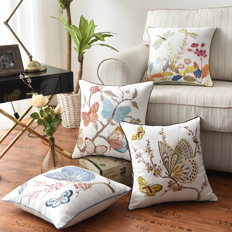 New Year Christmas Collection In-Stock 3D Embroidered Chinese Style Pastoral Flower Bird Butterfly Square Cushion Cover for Home