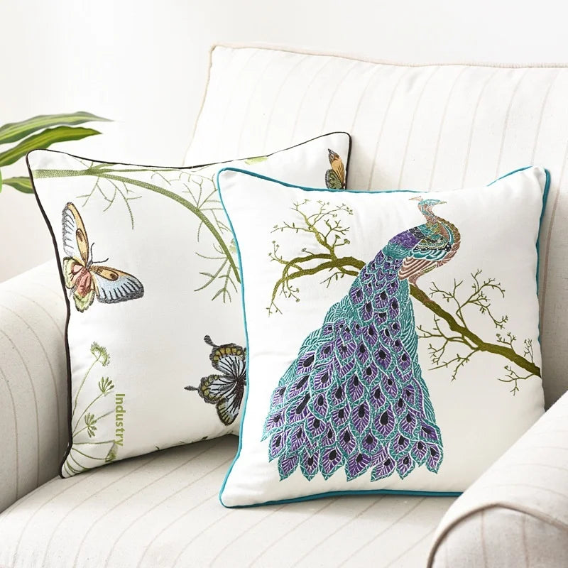 New Year Christmas Collection In-Stock 3D Embroidered Chinese Style Pastoral Flower Bird Butterfly Square Cushion Cover for Home