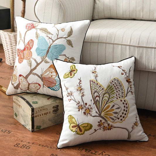 New Year Christmas Collection In-Stock 3D Embroidered Chinese Style Pastoral Flower Bird Butterfly Square Cushion Cover for Home