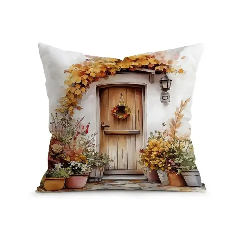 Home Decor Autumn Scenes: Door, Bicycle, Basket Decor Pattern Cushion Cover Suitable for Sofa Bedroom Car Pillow Cover